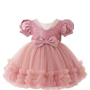 niren enterprise rollar frock net embroidery work ruffle patterned flared short sleeve girl frock, pack of 1